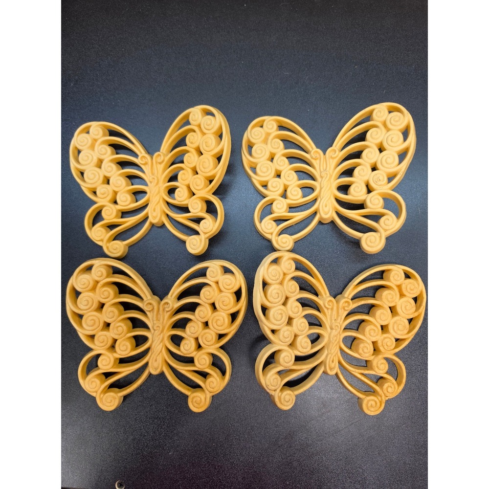 Vintage Syroco Butterfly Wall Art Set of 4 Yellow Scroll Mid Century Decor 1970s